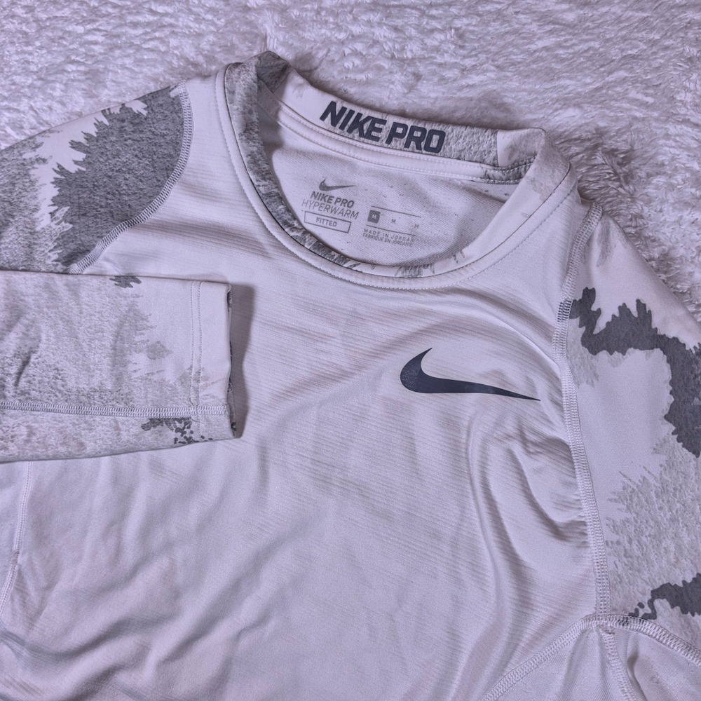 Nike Pro Hyperwarm Fitted Mens M White Spandex L/S Camo Base Layer 801994-100
